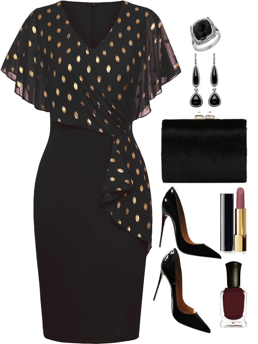Womens Cape Ruffle Summer V Neck Polka Dot Cocktail Knee Length Business Casual Party Chiffon Pencil Bodycon Sheath Dress