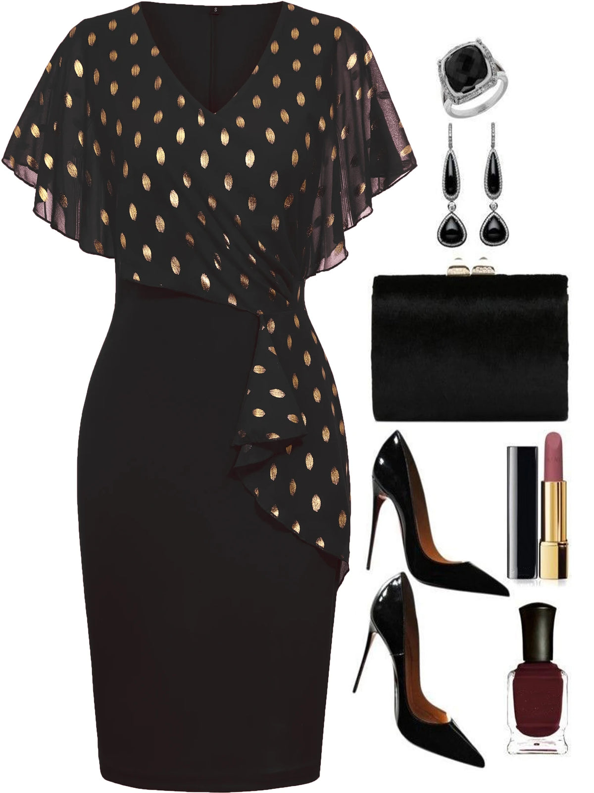 Womens Cape Ruffle Summer V Neck Polka Dot Cocktail Knee Length Business Casual Party Chiffon Pencil Bodycon Sheath Dress