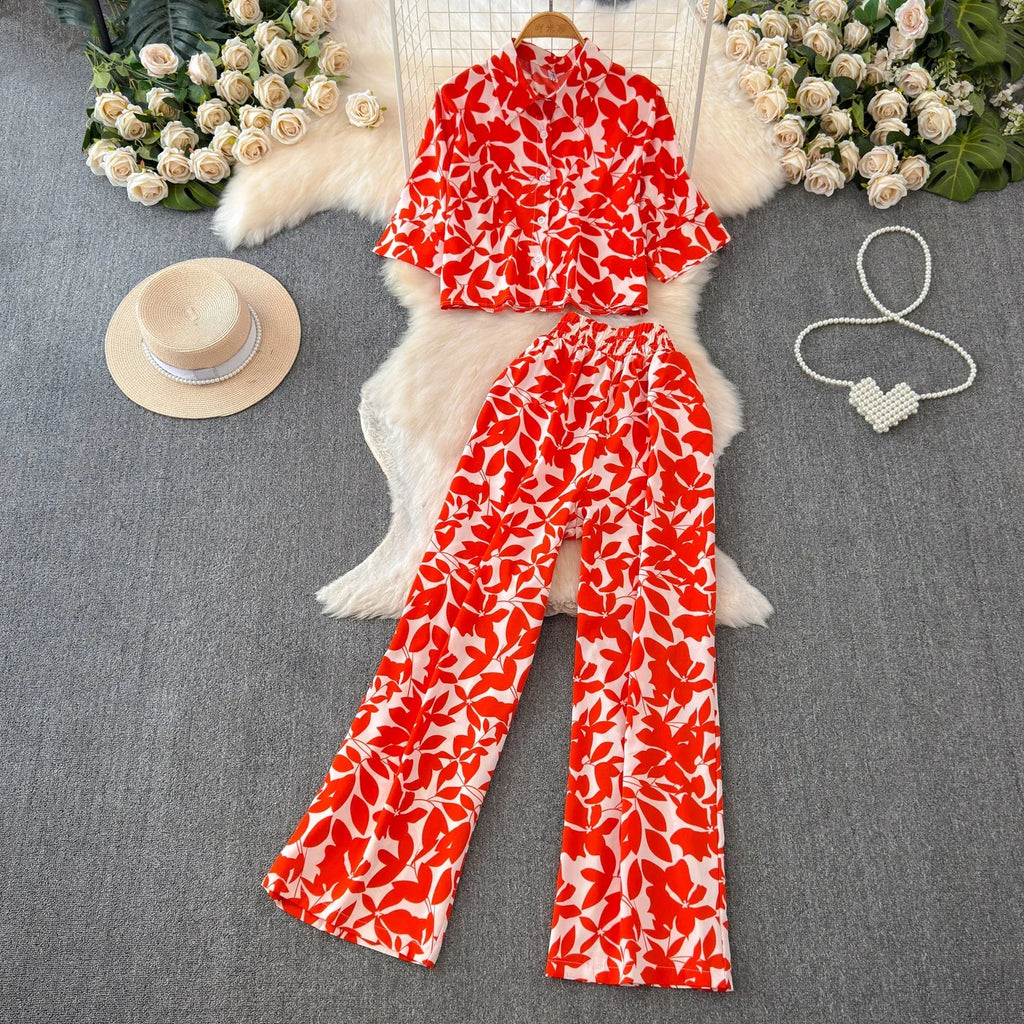 2026 Summer Matching Set Women Floral Print Short Sleeve Shirt Top Elastic Waist Long Pants Fashion Streetwear Suit