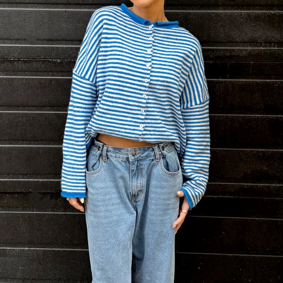 Women's Sweater Striped Button Down Cardigan Knit Tops Outerwear Casual Loose Long Sleeve Fall Tops Knitwear