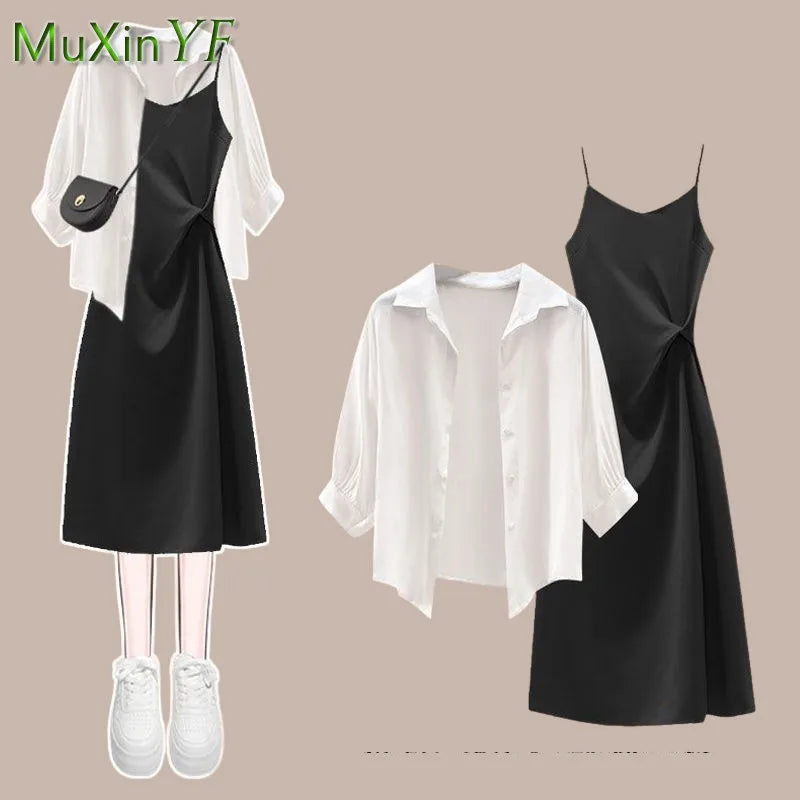 Women's Summer Dress Matching Set 2026 New Fashion Chiffon Sunscreen Shirt Slip Skirt Two-piece Korean Elegant Chic Blouse Suit