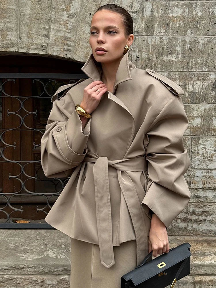 Oversized Stand Collar Long Trench Coat Women Single Button Loose Wide Sleeve Minimalist Windbreaker Luxury Casual Outerwear New