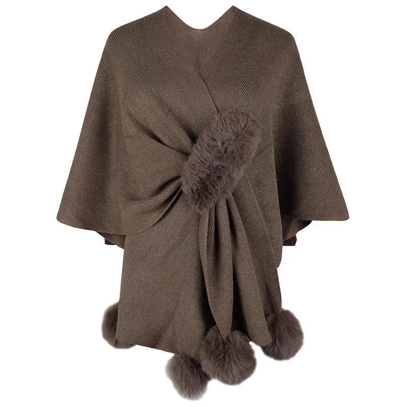 Sweater Women Fashion Solid Color Fur Ball Cloak New Solid Color Warm Comfirtable Shawl Knitted Cardigan Women MMYDP2505