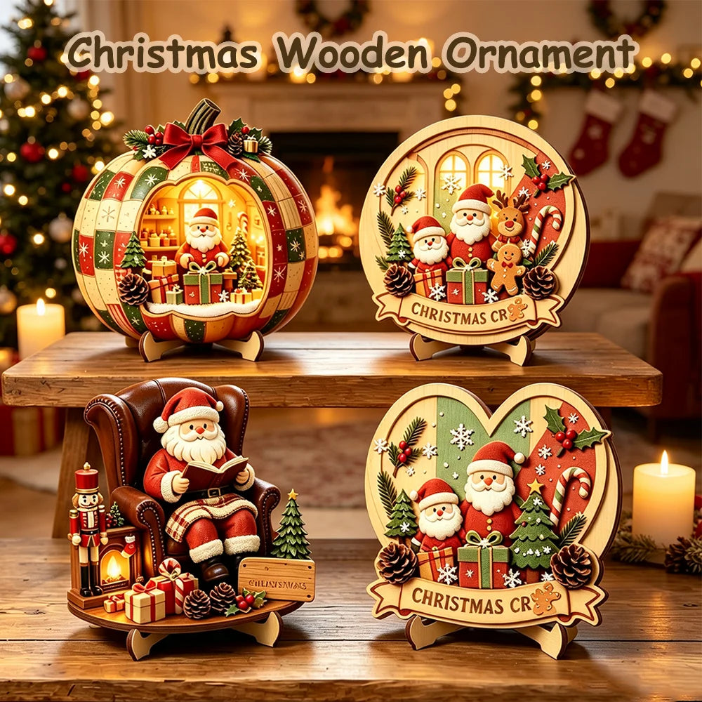 Christmas 2D Wooden Tabletop Decor with Stand Santa Snowman Reindeer Ect. Xmas Holiday Desktop Decor for Home Party