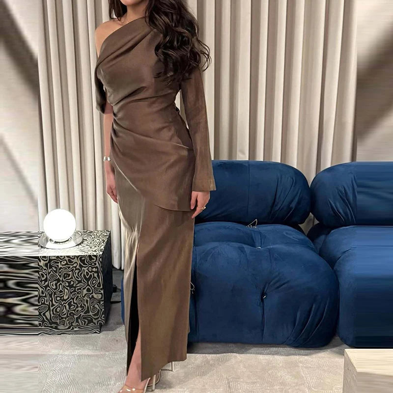 Vintage Solid Slanted Neck Long Sleeved Dress Fall Sexy Off Shoulder Hollow Out Party Dress Women's Elegant Commuting Maxi Dress