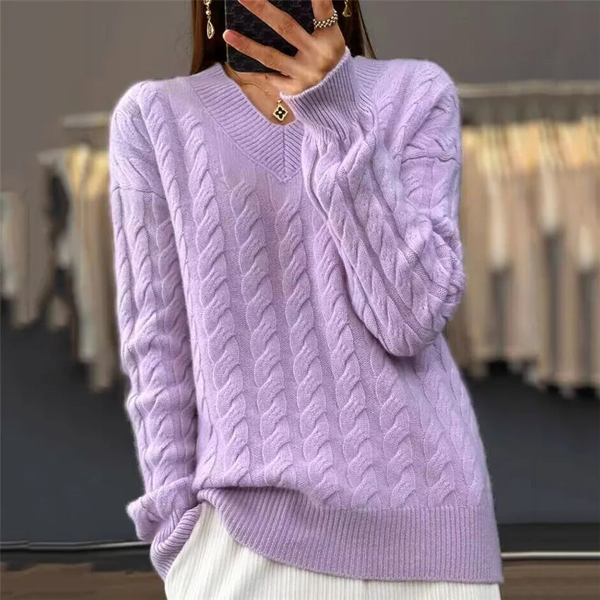 V-Neck Women's Sweater Autumn Winter New Fashion Long Sleeved Knit Pullover Warm Solid Basic Wool Female Tops Knitwear