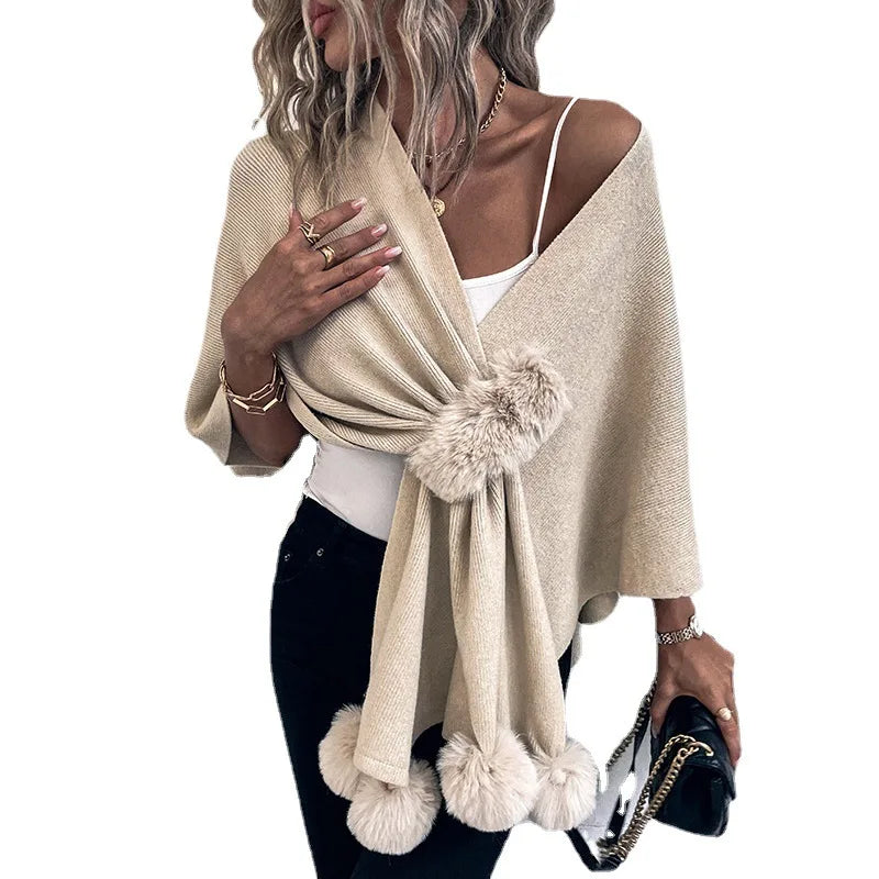 Sweater Women Fashion Solid Color Fur Ball Cloak New Solid Color Warm Comfirtable Shawl Knitted Cardigan Women MMYDP2505
