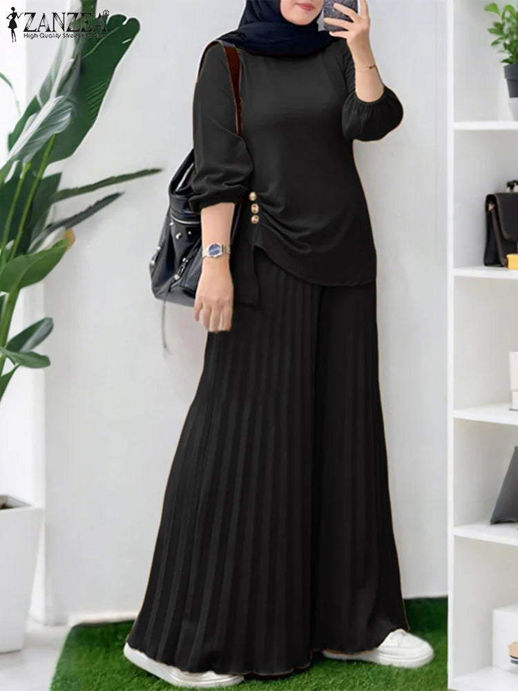Women Autumn Matching Sets Muslim Outfits Ramadan 2 Pieces Set Casual Long Sleeve Tops Trousers Suit Solid Tracksuit