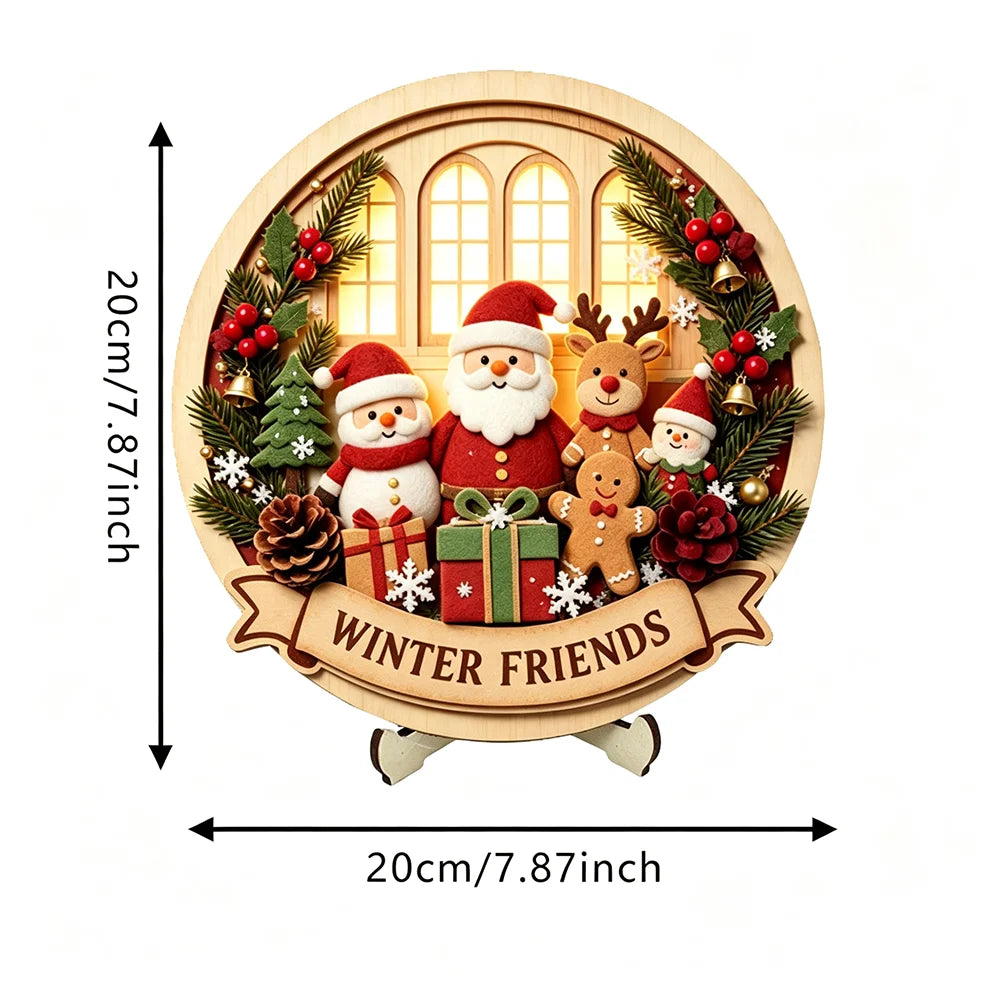 Christmas 2D Wooden Tabletop Decor with Stand Santa Snowman Reindeer Ect. Xmas Holiday Desktop Decor for Home Party