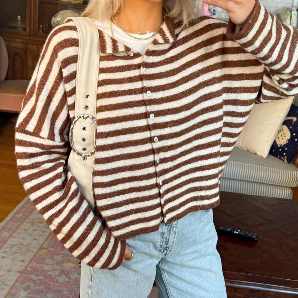 Women's Sweater Striped Button Down Cardigan Knit Tops Outerwear Casual Loose Long Sleeve Fall Tops Knitwear