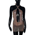 Shiny Rhinestone Mesh Draped Neckline Dress For Women Sexy Backless Halter Neck Hollow Out Mini Dress Rave Music Festival Dress
