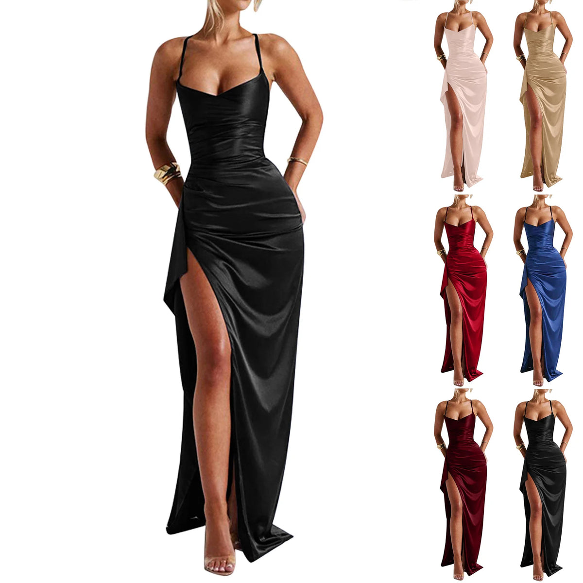 Women Elegant Satin Suspender Dress Summer New Sexy Backless High Split Folds Vestidos Evening Party Solid Sleeveless Gown