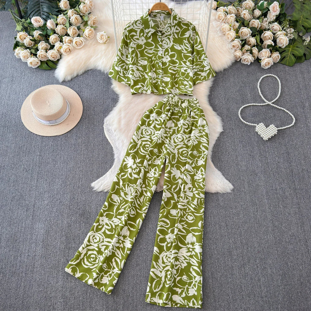 2026 Summer Matching Set Women Floral Print Short Sleeve Shirt Top Elastic Waist Long Pants Fashion Streetwear Suit