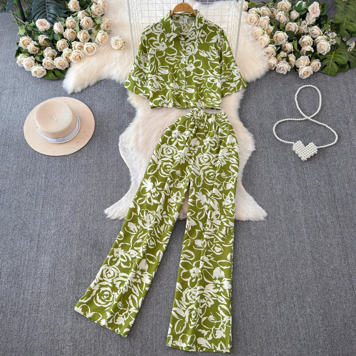 2026 Summer Matching Set Women Floral Print Short Sleeve Shirt Top Elastic Waist Long Pants Fashion Streetwear Suit