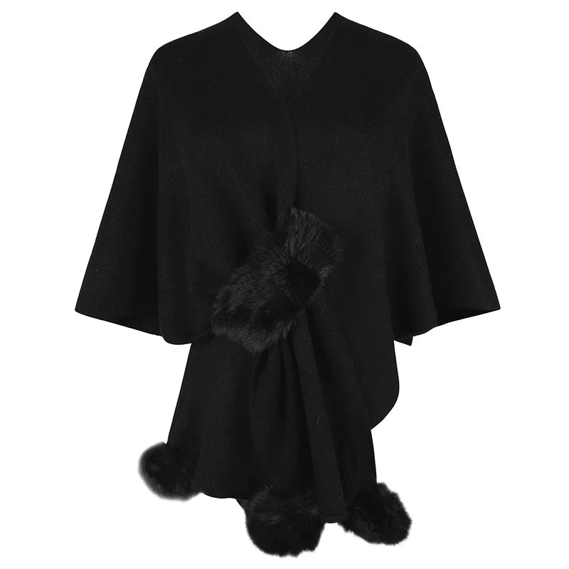 Sweater Women Fashion Solid Color Fur Ball Cloak New Solid Color Warm Comfirtable Shawl Knitted Cardigan Women MMYDP2505