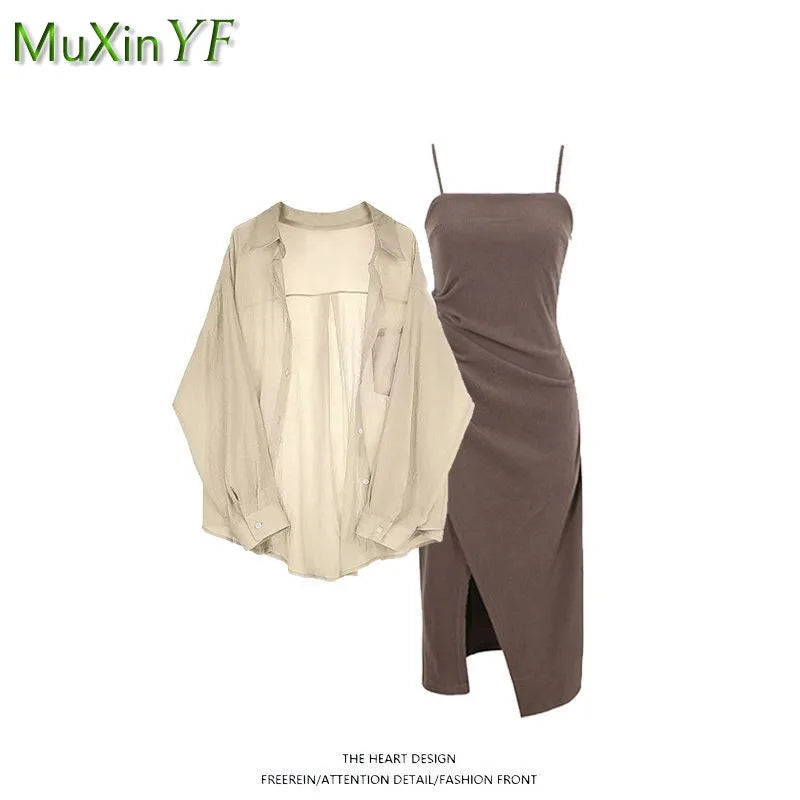 Women's Summer Dress Matching Set 2026 New Fashion Chiffon Sunscreen Shirt Slip Skirt Two-piece Korean Elegant Chic Blouse Suit