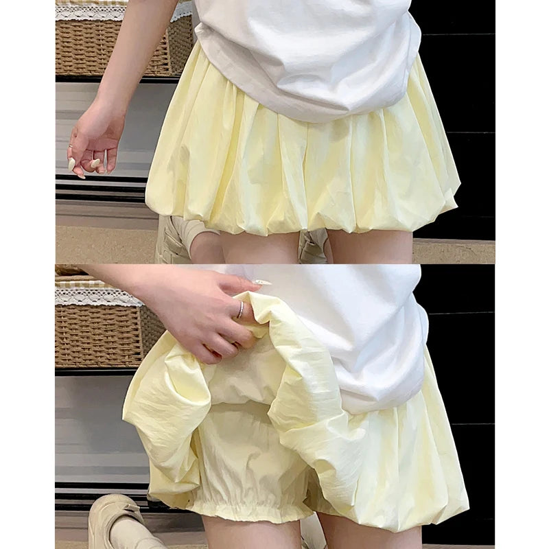 Women's Mini Skirt High Waist A-Line Slimming Summer Skirt with Built-in Shorts for Petite, Pleated Puff Hem Pink