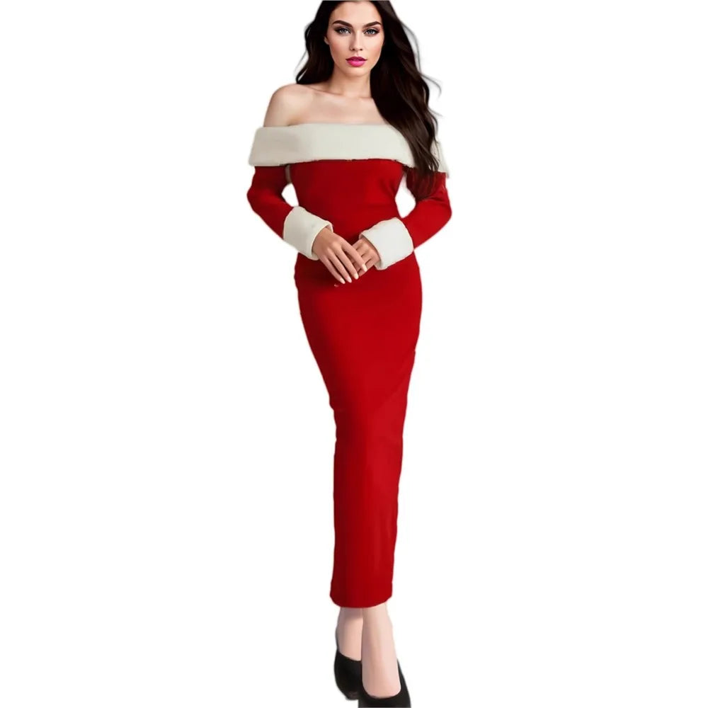 Autumn And Winter New Style Christmas Women's Dress Sexy One-shoulder Plush Stitching Slim Hip-hugging Female Red Dresses 2025