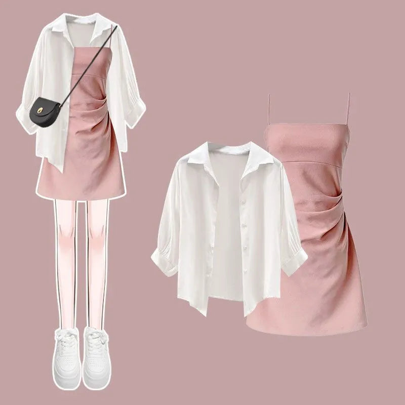 Women's Summer Dress Matching Set 2026 New Fashion Chiffon Sunscreen Shirt Slip Skirt Two-piece Korean Elegant Chic Blouse Suit