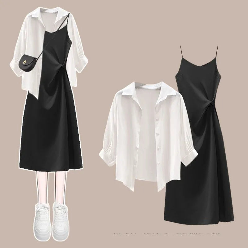 Women's Summer Dress Matching Set 2026 New Fashion Chiffon Sunscreen Shirt Slip Skirt Two-piece Korean Elegant Chic Blouse Suit