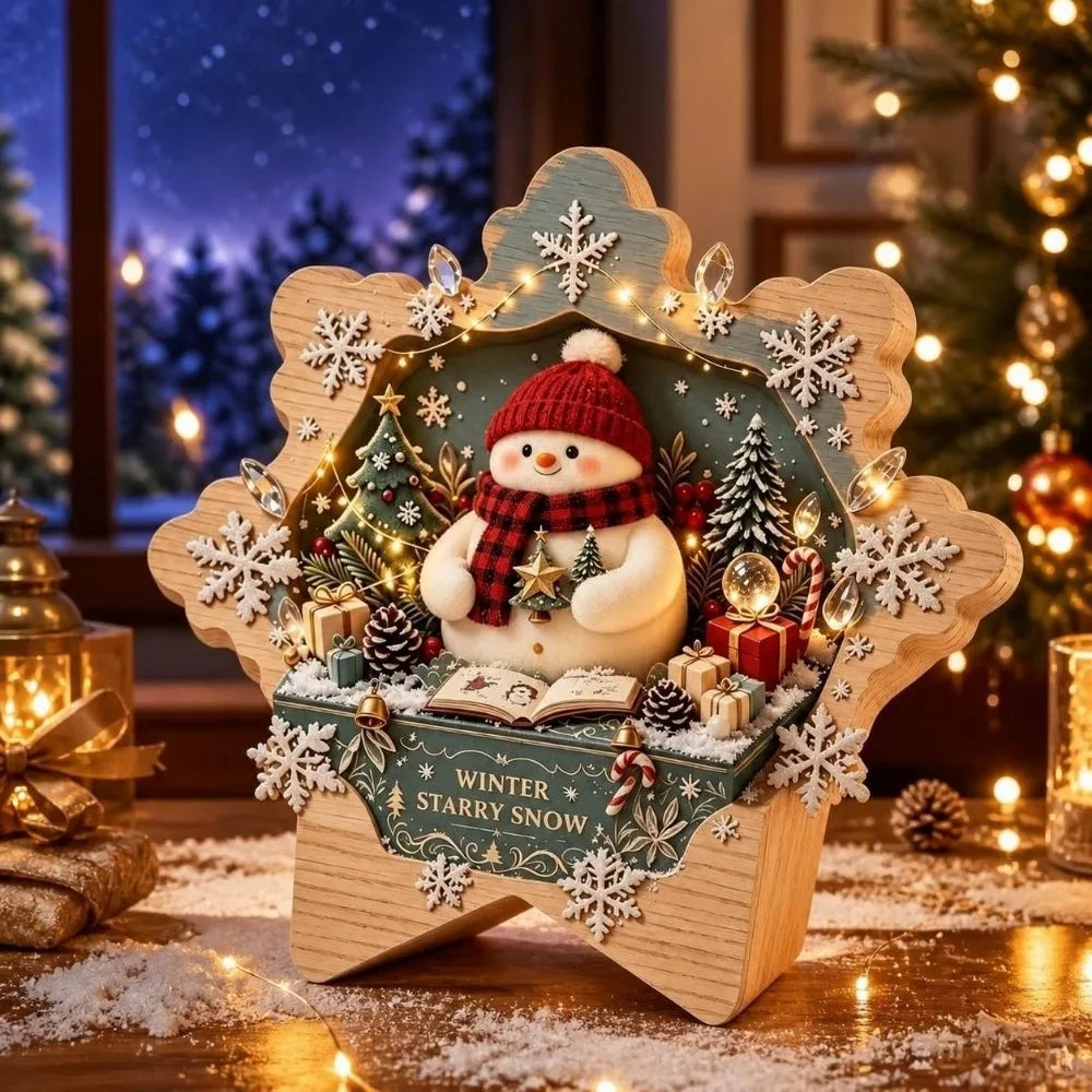 Christmas Theme Wooden Christmas Decoration Star Shape Snowman Deer Xmas Wall Art 2D Print Rabbit Wall Decor Home Decoration