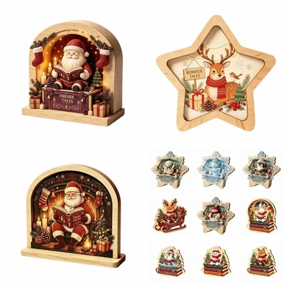 Christmas Theme Wooden Christmas Decoration Star Shape Snowman Deer Xmas Wall Art 2D Print Rabbit Wall Decor Home Decoration