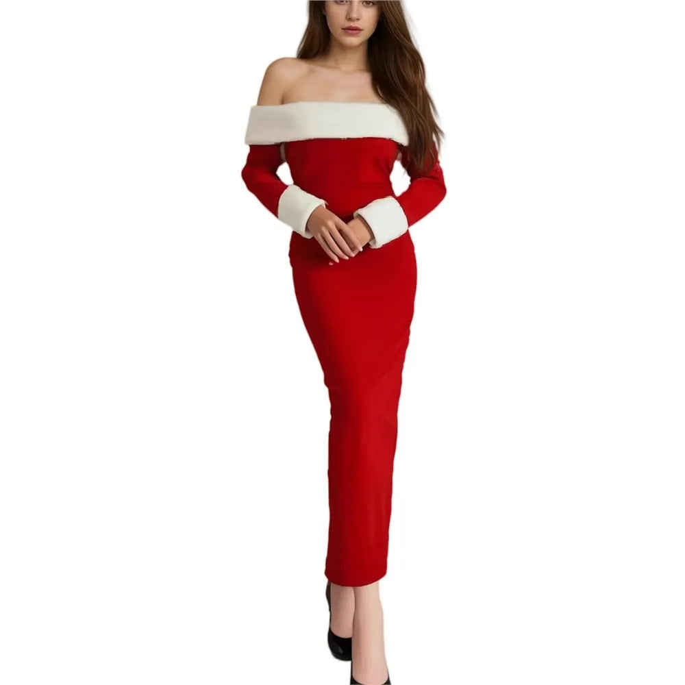 Autumn And Winter New Style Christmas Women's Dress Sexy One-shoulder Plush Stitching Slim Hip-hugging Female Red Dresses 2025