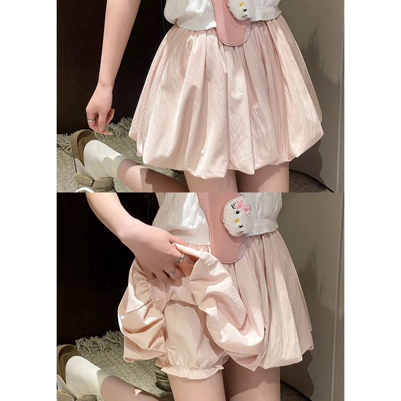 Women's Mini Skirt High Waist A-Line Slimming Summer Skirt with Built-in Shorts for Petite, Pleated Puff Hem Pink