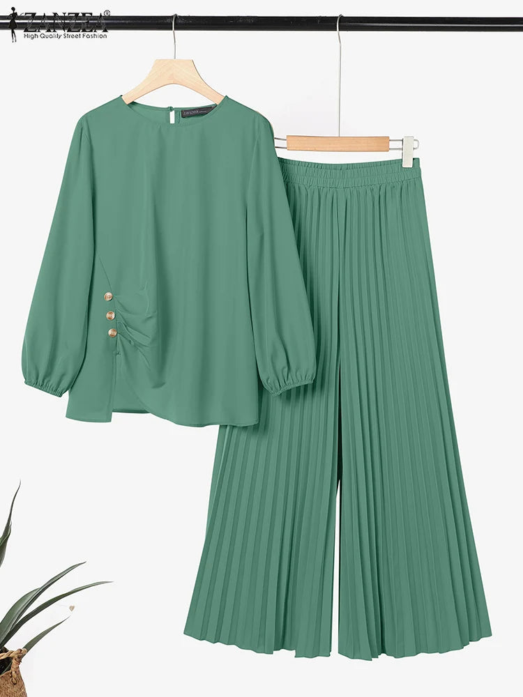 Women Autumn Matching Sets Muslim Outfits Ramadan 2 Pieces Set Casual Long Sleeve Tops Trousers Suit Solid Tracksuit