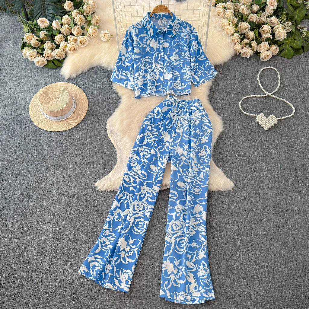2026 Summer Matching Set Women Floral Print Short Sleeve Shirt Top Elastic Waist Long Pants Fashion Streetwear Suit