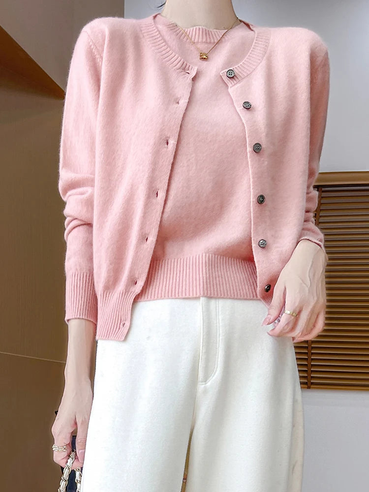 Autumn Winter Women's Sweater Cardigan Two-piece Set Pullover 100% Merino Wool Knitwear O-neck T-shirt Office Lady Clothing Tops