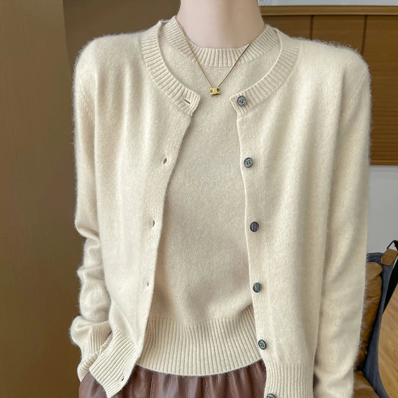 Autumn Winter Women's Sweater Cardigan Two-piece Set Pullover 100% Merino Wool Knitwear O-neck T-shirt Office Lady Clothing Tops