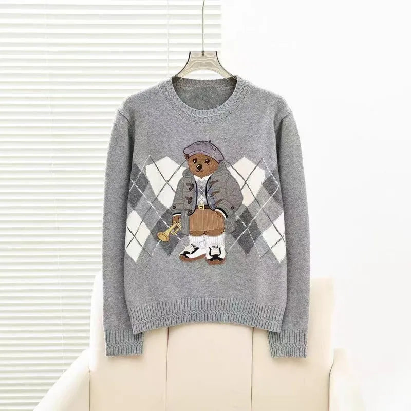 High Quality European Brand Bear Design Ladies Knit Sweater Pullover Knitted Tops Knitwear Women Clothes Jumper