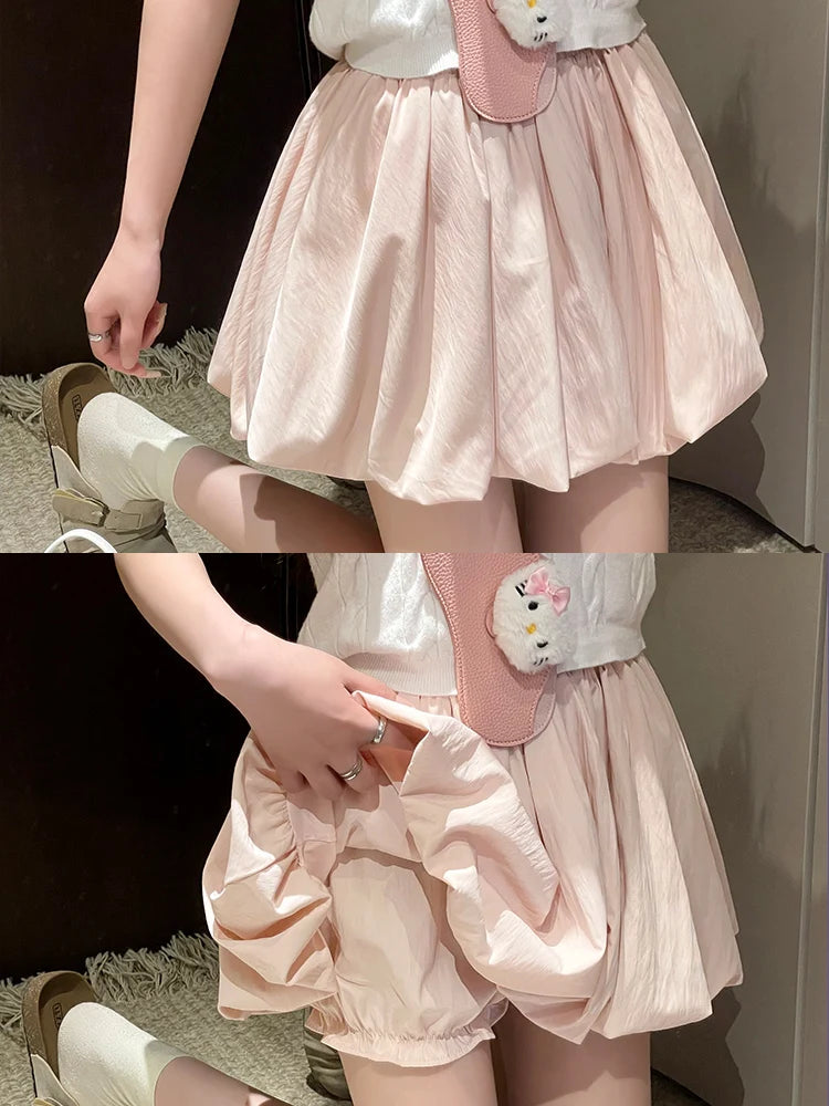 Women's Mini Skirt High Waist A-Line Slimming Summer Skirt with Built-in Shorts for Petite, Pleated Puff Hem Pink