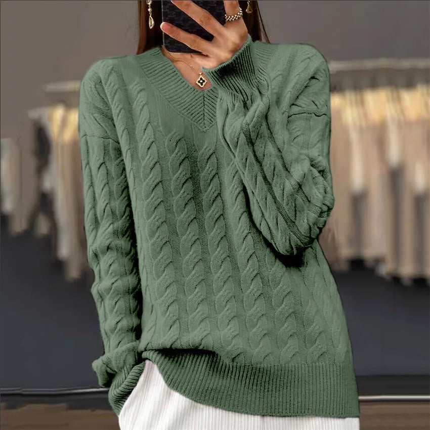 V-Neck Women's Sweater Autumn Winter New Fashion Long Sleeved Knit Pullover Warm Solid Basic Wool Female Tops Knitwear