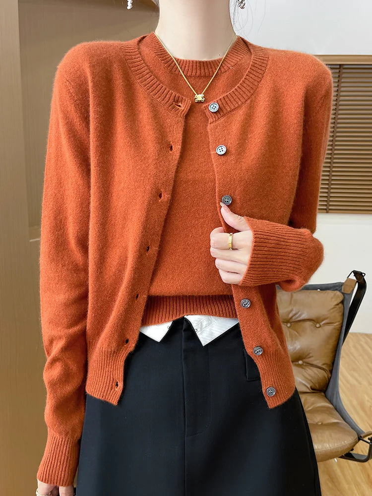 Autumn Winter Women's Sweater Cardigan Two-piece Set Pullover 100% Merino Wool Knitwear O-neck T-shirt Office Lady Clothing Tops
