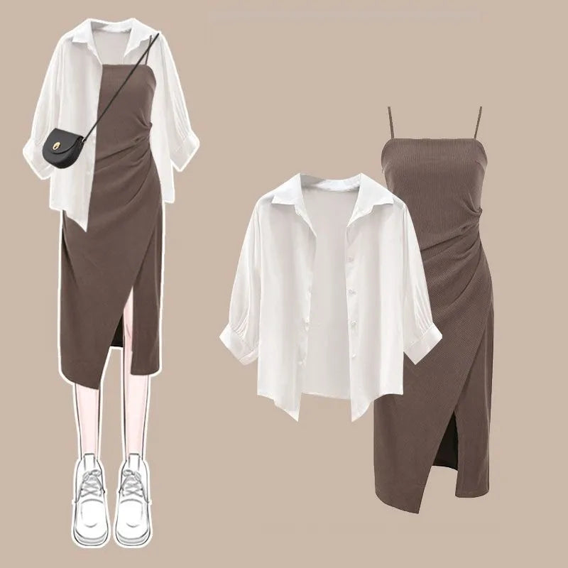 Women's Summer Dress Matching Set 2026 New Fashion Chiffon Sunscreen Shirt Slip Skirt Two-piece Korean Elegant Chic Blouse Suit