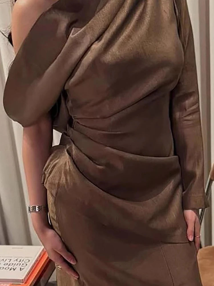 Vintage Solid Slanted Neck Long Sleeved Dress Fall Sexy Off Shoulder Hollow Out Party Dress Women's Elegant Commuting Maxi Dress