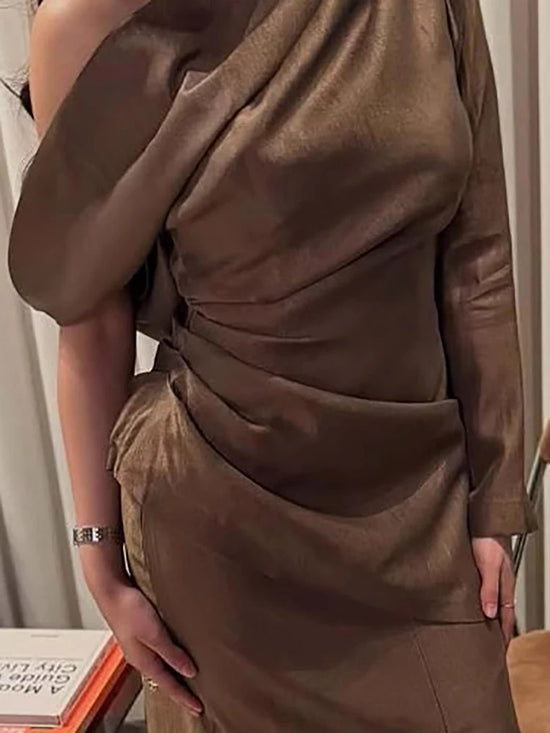 Vintage Solid Slanted Neck Long Sleeved Dress Fall Sexy Off Shoulder Hollow Out Party Dress Women's Elegant Commuting Maxi Dress