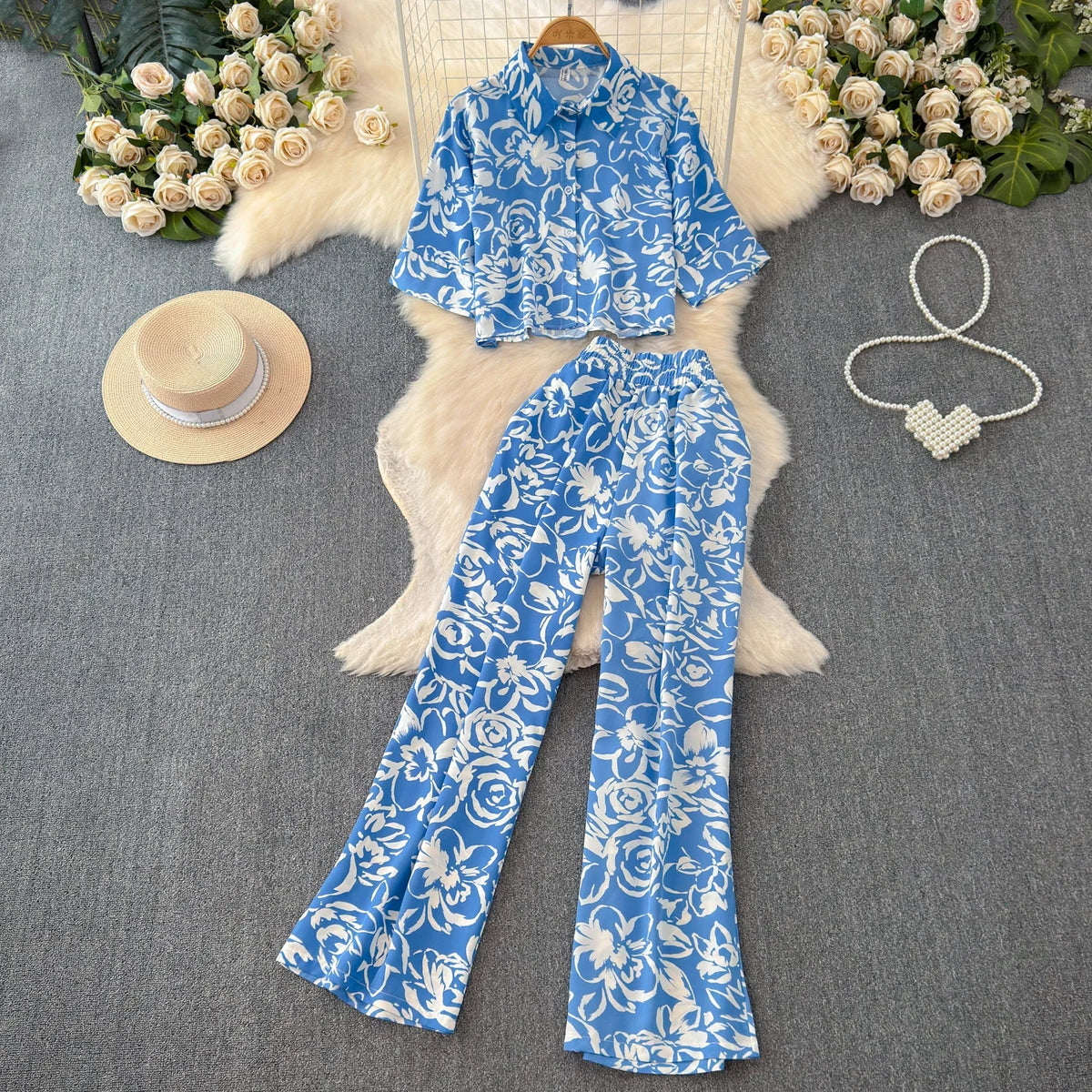 2026 Summer Matching Set Women Floral Print Short Sleeve Shirt Top Elastic Waist Long Pants Fashion Streetwear Suit