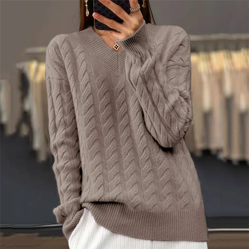 V-Neck Women's Sweater Autumn Winter New Fashion Long Sleeved Knit Pullover Warm Solid Basic Wool Female Tops Knitwear