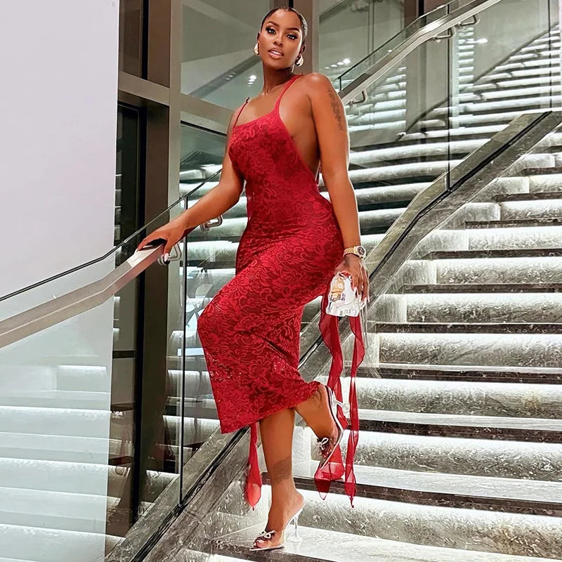 Sexy Spaghetti Strap Backless Floral Lace Dress Women Night Club Party See Through Tassel Prom Long Dresses Vestidos De Fiesta