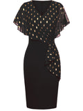 Womens Cape Ruffle Summer V Neck Polka Dot Cocktail Knee Length Business Casual Party Chiffon Pencil Bodycon Sheath Dress