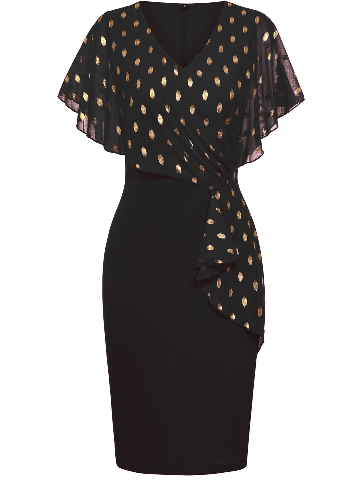 Womens Cape Ruffle Summer V Neck Polka Dot Cocktail Knee Length Business Casual Party Chiffon Pencil Bodycon Sheath Dress