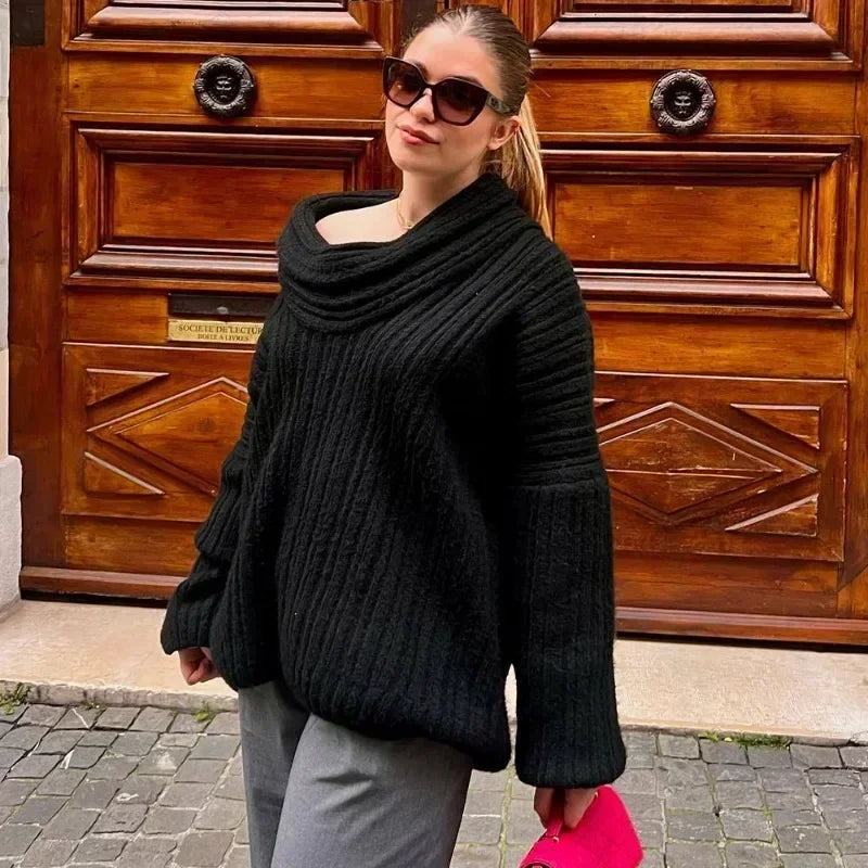Tuularose Women's Off-Shoulder Sweater Fashion Loose Casual Brown Retro Pullover Spring High Street Office Lady Tops Knitwear