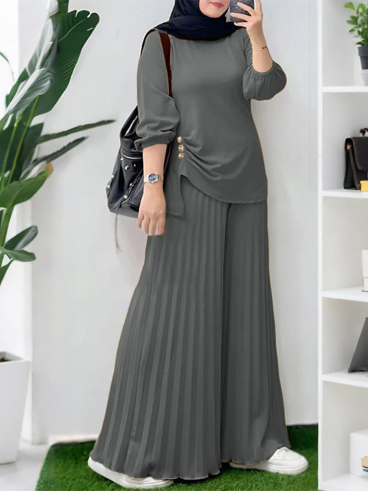 Women Autumn Matching Sets Muslim Outfits Ramadan 2 Pieces Set Casual Long Sleeve Tops Trousers Suit Solid Tracksuit