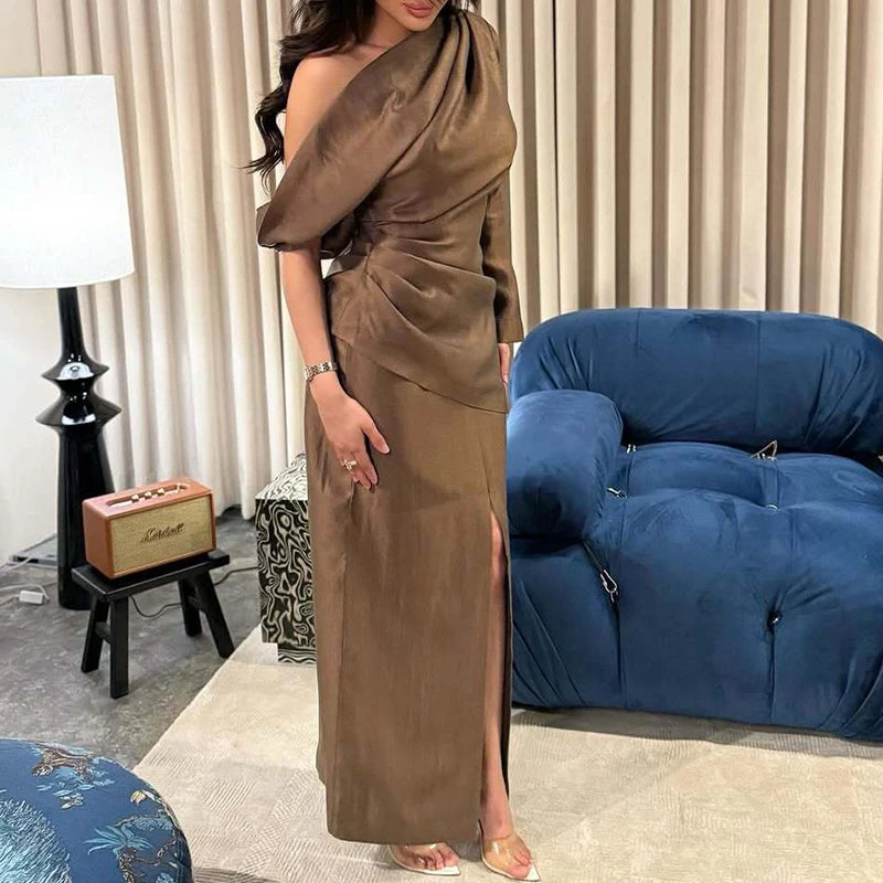 Vintage Solid Slanted Neck Long Sleeved Dress Fall Sexy Off Shoulder Hollow Out Party Dress Women's Elegant Commuting Maxi Dress