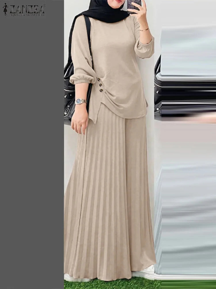 Women Autumn Matching Sets Muslim Outfits Ramadan 2 Pieces Set Casual Long Sleeve Tops Trousers Suit Solid Tracksuit