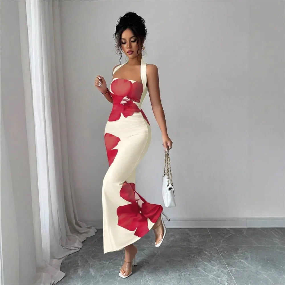 2026 Package Hip Dresses For Ladies Dress For Wedding Vestido Temperament Sexy French Hot Girl Style Neck Halter Printed Bodycon