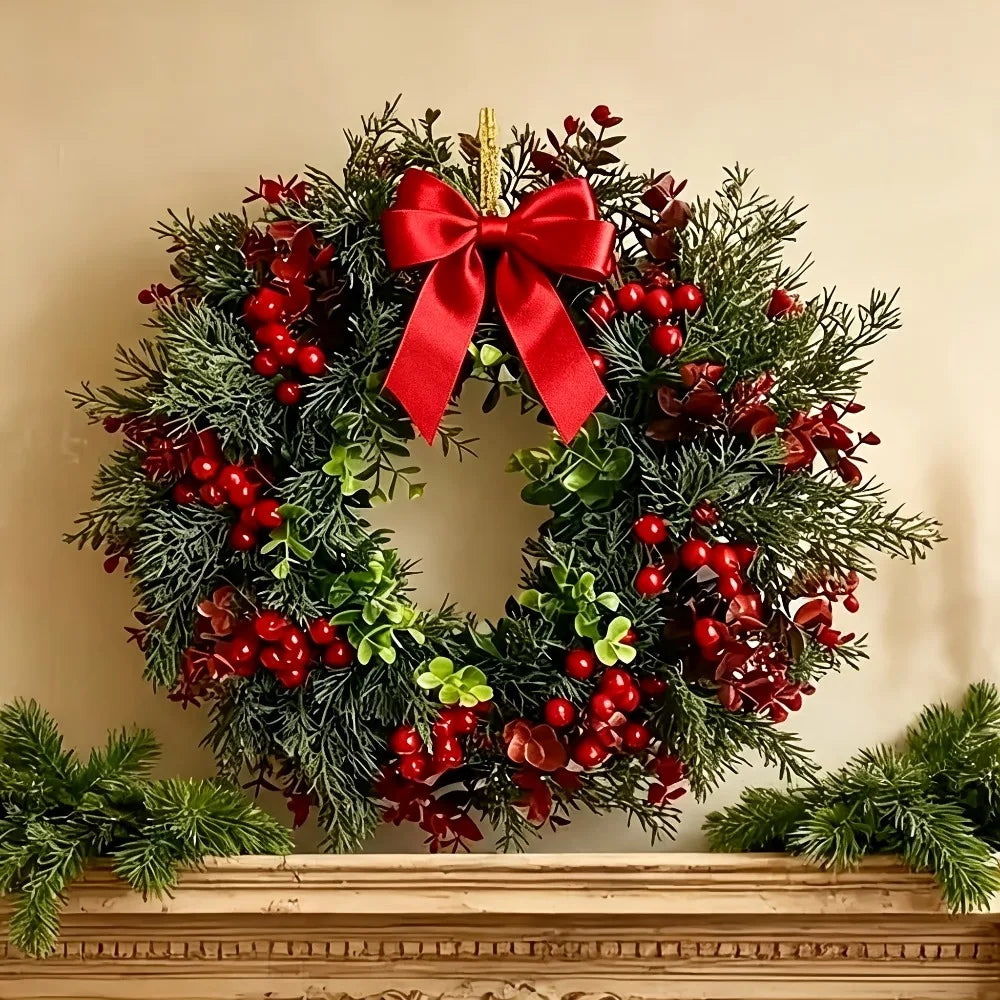 Christmas Decor Wreath with Bow with Red Berries Including Cranberries and Holly for Indoor and Outdoor Decoration